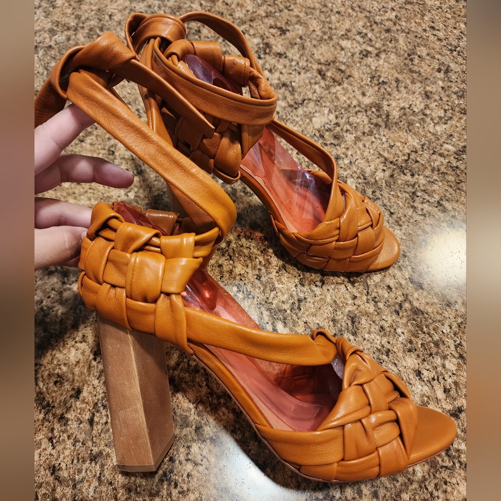 ULLA JOHNSON Braided Leather Ankle-Tie Wood-Heel Sandals - Tan - Size 40/10
